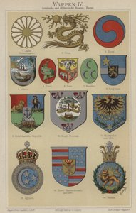 Våpenskjold fra Hawaii og land i Asia og Afrika (farge litho) av German School