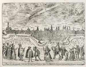 Komet sett over Augsburg slutten av november 1618, fra Cometen Historia, pub. 1618 av German School