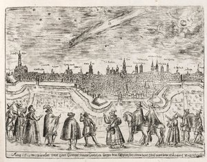 Komet sett over Augsburg slutten av november 1618, pub. 1618. av German School