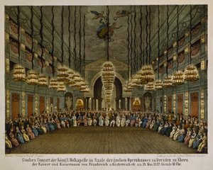 Konsert av det kongelige bandet i auditoriet til Dresden Opera House til ære for det keiserlige paret, 1812 (farge litho) av German School