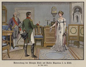 Samtale mellom dronning Louise av Preussen og keiser Napoleon I i Tilsit, 6. juli 1807 (farge litho) av German School