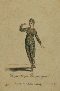 Kostymedesign for rollen som Papageno i operaen Tryllefløyten av Wolfgang Amadeus Mozart, utgitt i Leipzig av I. B. Klein, 1793 (fargegravering) av German School