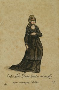 Kostymedesign for rollen som Nattens Dronning i operaen Tryllefløyten av Wolfgang Amadeus Mozart, utgitt i Leipzig av I. B. Klein, 1793 (fargegravering) av German School