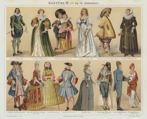 Kostymer fra det 17. til det 19. århundre (farge litho) av German School