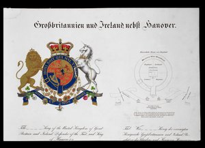 Crest of the King of the United Kingdom of Great Britain and Ireland, Defender of the Faith og King of Hannover (ca. 1801-37) (se også 111319) av German School