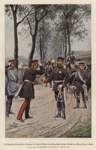 Kronprins Frederick av Tyskland tildeler feltmarskalk Helmuth von Moltke jernkorset på vegne av sin far, Kaiser Wilhelm I (farge litho) av German School