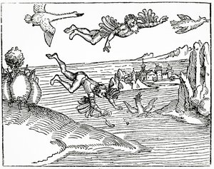 Daedalus, som rømmer fra Kreta med sønnen sin, Ikaros, ser ham falle i døden, 1493 (tresnittgravering)
