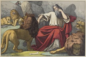 Daniel i løvehulen, illustrasjon fra LAncien Testament, utgitt av Jakob Ferdinand Schreiber, Esslingen (fargegravering) av German School