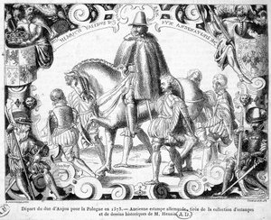 Hertugen av Anjous avgang til Polen i 1573 (valgt til konge av Polen, han vil ta sin krone i besittelse) - Et gammelt tysk trykk fra samlingen av trykk og historiske tegninger av Mr. Hennin. av German School