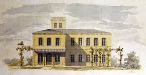 Design for en italiensk klassisk villa, ca. 1850 (akvarell med penn og blekk på papir) av German School