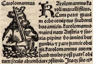 Detalj fra et originalt incunabelt blad, som viser Charlemagne (742-814) før 1500 (se også 237071) av German School