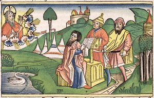 Deuteronomy: Frontispice der Gud lager lovene, fra Nürnberg-bibelen (Biblia Sacra Germanaica) (farget tresnitt) av German School