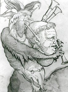 Devil Playing Mans Head as sekkepipe, 1144 (tresnitt) av German School