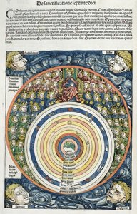 Diagram som viser solsystemet, ifølge Ptolemaios (fl.127-145 e.Kr.) fra Nürnbergkrøniken av Hartmann Schedel (1440-1514) 1493 (fargetresnitt) av German School