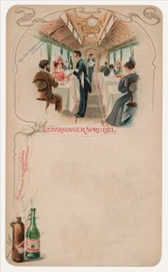 Spisevogn på et tog, reklame for Ueberkinger Sprudel bordvann (chromolitho) av German School