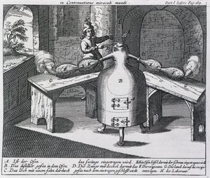 Destillasjon av salpetersyre (Aqua fortis eller skillesyre) i en jernmann med to neser av German School