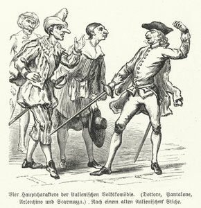 Doktor, Pantalone, Arlecchino og Scaramuccia, fire karakterer fra Commedia dell