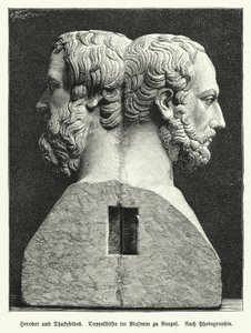 Dobbel byste av Herodot og Thukydides, antikke greske historikere (litho) av German School