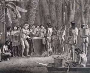 Drikkefestivalen til Coroados-stammen, ca. 1835-50 av German School