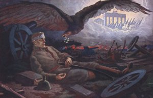Eagle som overleverer Jernkorset til en fallen tysk soldat på slagmarken (fargelitografi) av German School