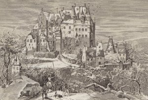 Eltz slott, i åsene over Mosel-elven, Tyskland, slik det så ut på slutten av 1500-tallet (litho) av German School