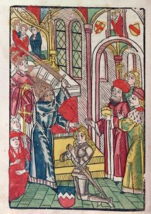 Keiser Sigismund (1367-1437) av Luxemburg dubber en ridder (fargetresnitt) av German School