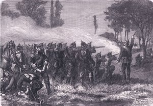 Encounter in the woods before Metz, Cassells History of the War between France and Germany utgitt av Cassell and Company Limited, ca. 1890 (litho) av German School