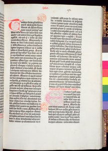 Slutten av Pentateuken og begynnelsen av Josvas bok, fra Gutenberg-bibelen, trykt av Johannes Gutenberg (ca. 1400-68) & og Peter Schoeffer (1425-1502) i Mainz, 1454-56 (trykt papir)