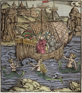 Aeneiden av Virgil (70 f.Kr.-19 f.Kr.), den trojanske helten Enee og hans følgesvenner krysser et hav fullt av sirener. Xylografi av Sebastian Brant (1458-1521). Strasbourg av German School