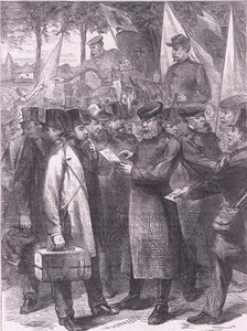 Engelske innbyggere som forlater Paris, Cassells History of the War between France and Germany utgitt av Cassell and Company Limited, ca. 1890 (litho) av German School