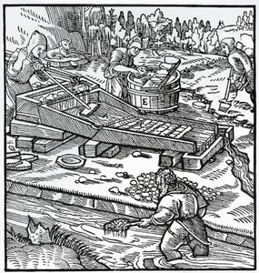 Gravering fra De re metallica (Om metallers natur), av Georg Pawer eller Georgius Agricola (1494-1555) av German School