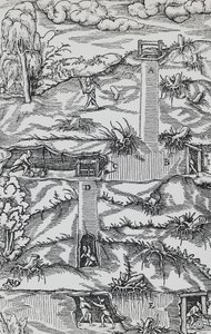 Gravering fra De re metallica (Om metallers natur), av Georg Pawer eller Georgius Agricola (1494-1555), utgitt i Basel av German School