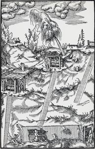 Gravering fra De re metallica (Om metallers natur), av Georg Pawer eller Georgius Agricola (1494-1555), utgitt i Basel av German School