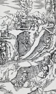 Gravering fra De re metallica (Om metallers natur), av Georg Pawer eller Georgius Agricola (1494-1555), utgitt i Basel av German School