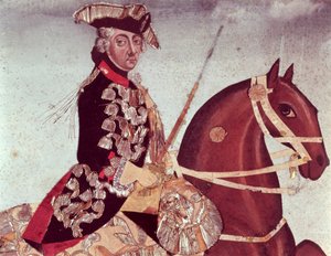 Rytterportrett av kong Fredrik den store av Preussen (1712-86) (wc og gulltråd på papir) av German School