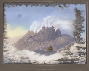 Utbrudd ved Merapi-vulkanen med utsikt over østenden av krateret, november 1836, pl.VI fra Topografisk og Scientific Atlas on the Journey through Java, av Dr. Fru Junghuhn, Magdebu av German School
