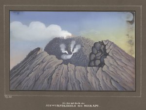 Utbrudd fra Mount Merapi, Pl.III, topografisk og vitenskapelig atlas for reisen gjennom Java, av Dr.Fr.Junghuhn, Magdeburg 1845 av German School