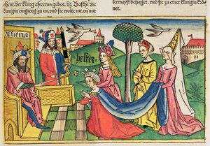 Esther 2 15-18, Esther er valgt til å være dronning av den persiske kong Ahasveros, fra Nürnbergbibelen (Biblia Sacra Germanaica) (farget tresnitt) av German School