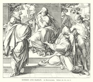 Esther og Haman, Esther, kap vii, ver 8 (gravering) av German School