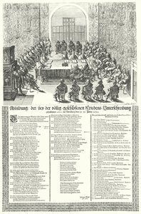 Europeisk fredskongress holdt i Nürnberg i 1650 etter Trettiårs Wa (gravering) av German School