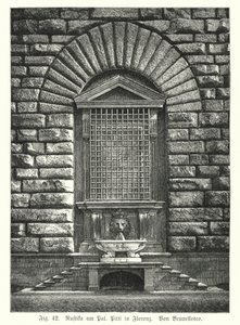 Eksempel på rustifisering, av Filippo Brunelleschi, Palazzo Pitti, Firenze, Italia (gravering) av German School