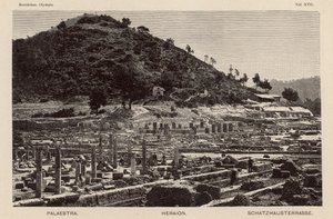 Utgraving av stedet for det gamle Olympia, Hellas: Palaestra, Hera-tempelet og skattkammerene (gravering) av German School