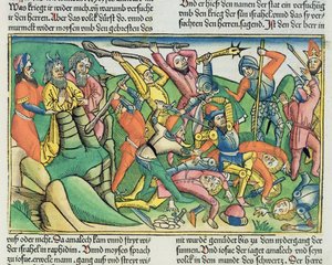 2. Mosebok 17 8-15 Aron og Hur støtter Moses-hender for å sikre israelittenes seier over amalekittene, fra Nürnbergbibelen (Biblia Sacra Germanaica) (farget tresnitt)