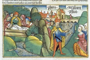 2. Mosebok 18 1 15-22 Begravelsen av Josef og historien om de hebraiske jordmødrene, fra 'Nürnbergbibelen (Biblia Sacra Germanaica)' (farget tresnitt) av German School