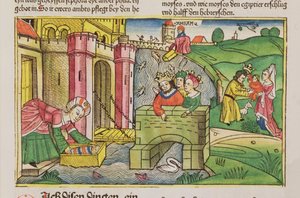 2. Mosebok 2 1-6 Moses ble fløt nedover Nilen og oppdaget av en av faraos koner, fra Nürnbergbibelen (Biblia Sacra Germanaica) (farget tresnitt) av German School