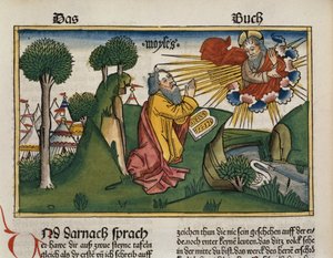2. Mosebok 34 1-10 Moses mottar de andre tavlene med de ti bud, fra Nürnbergbibelen (Biblia Sacra Germanaica) (farget tresnitt) av German School