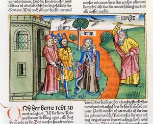 2. Mosebok 7 8-25 Arons stav i form av en slange svelger slangene til faraoens vismenn og trollmenn, og Moses gjør Nilens vann til blod, fra Nürnbergbibelen (Biblia Sacra)