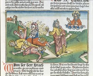 2. Mosebok 9 8-12 Egypts syv plager: Moses og bylleplagen, fra Nürnbergbibelen (Biblia Sacra Germanaica) (farget tresnitt) av German School