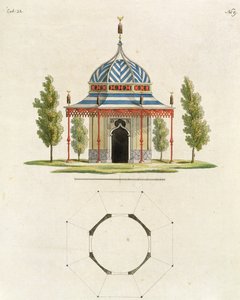 Eksteriør av et kinesisk hagetempel, fra Recent New Ideas for the Garden, utgitt 1779 (fargegravering) (se også 170864) av German School