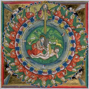 Faksimilekopi av 1. Mosebok 2:22 Gud skapte Eva, fra Nürnbergbibelen (Biblia Sacra Germanaica) av German School